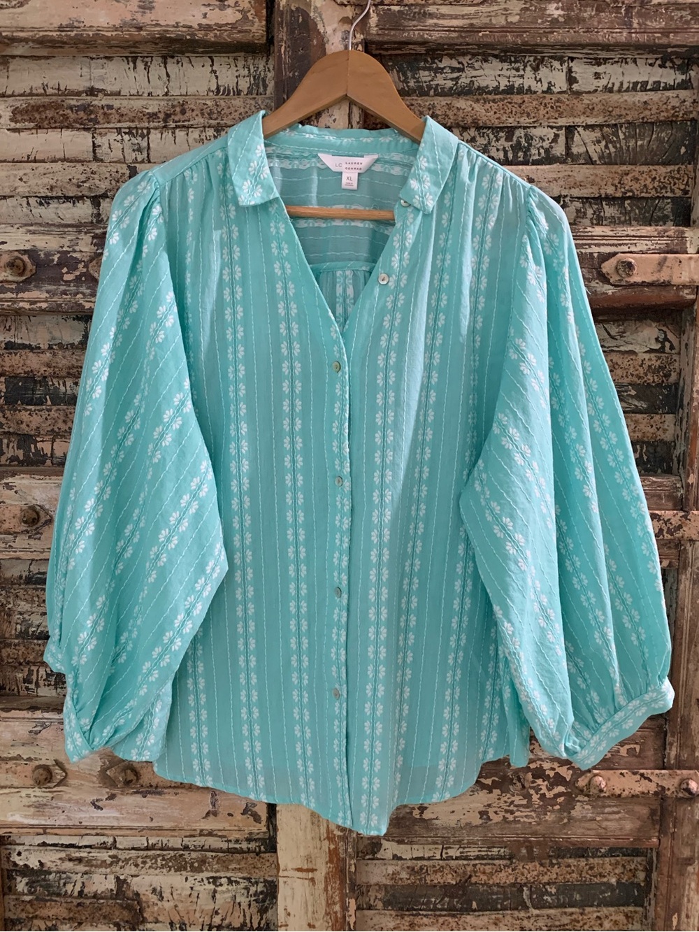 Lauren Conrad Light Teal Floral Stripe Button-Front Women's Top, XL